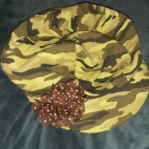 My Happy Hat Army Green Camo with Brown and white polka dot Flower